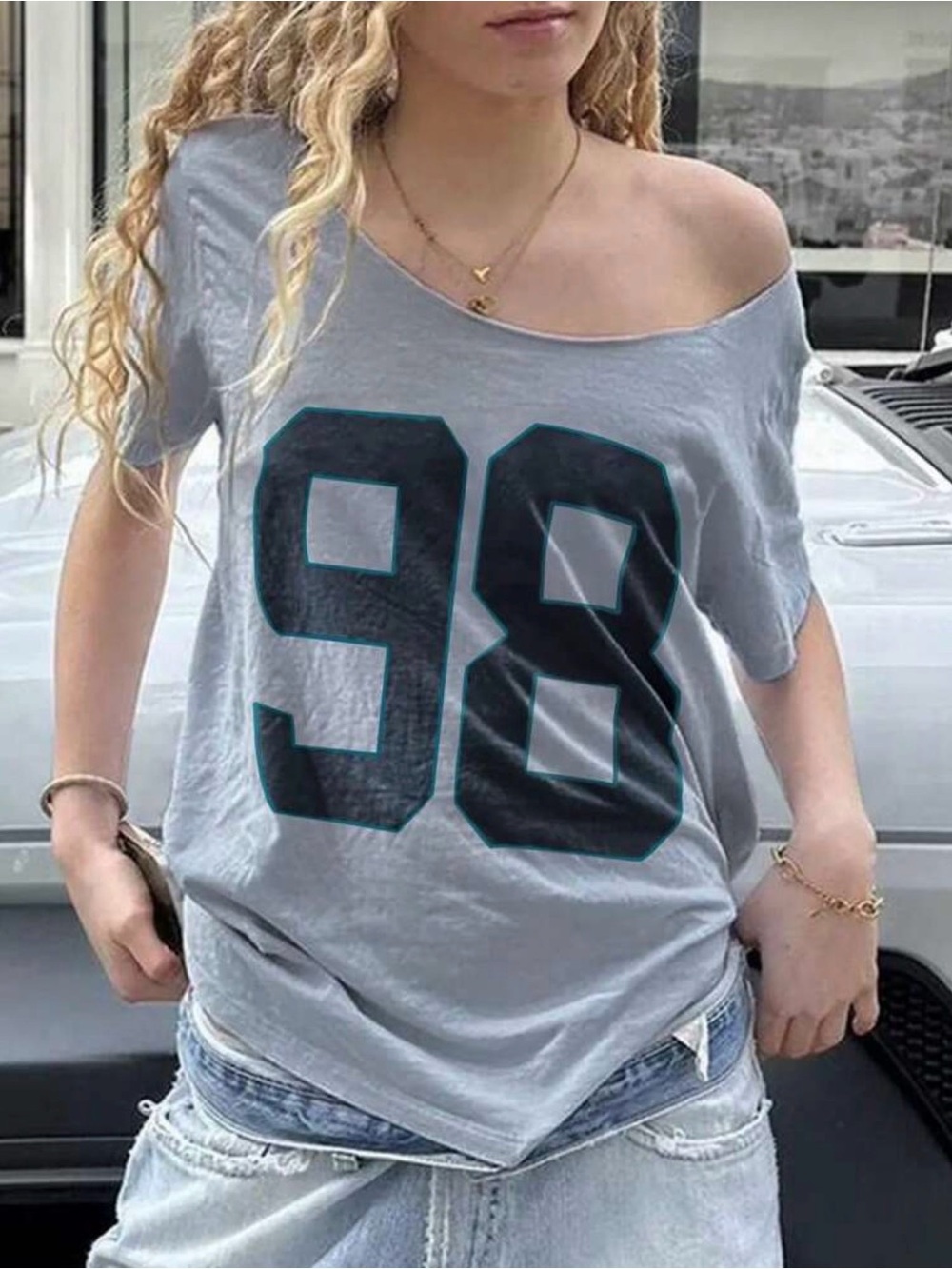 Brandy Melville Light Gray Off-Shoulder '98 Graphic Tee